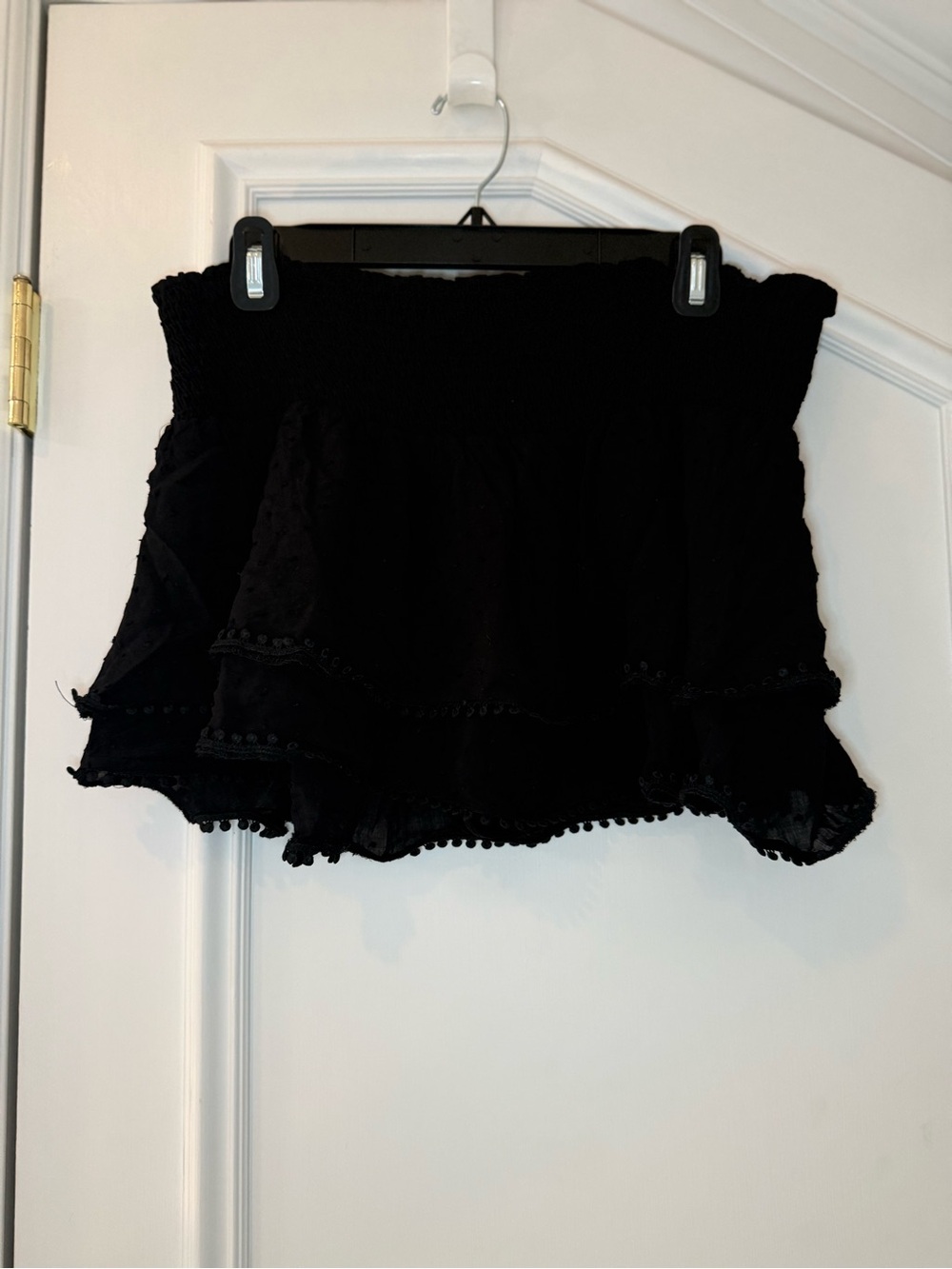 Paradise Black Smocked Ruffle Skort Hidden Shorts Pom Pom Trim L